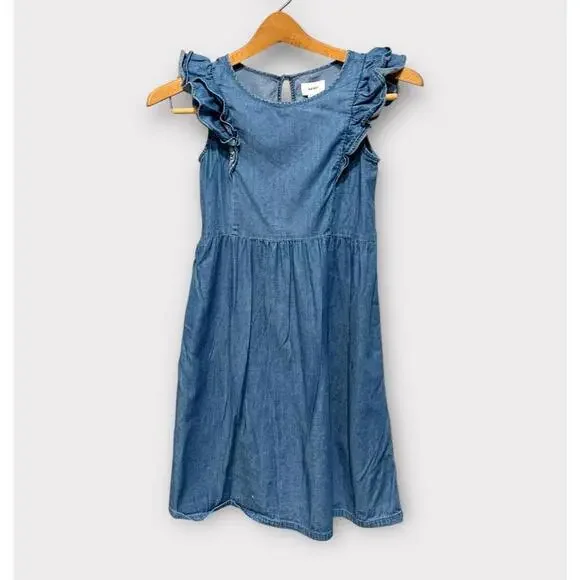 Old Navy Girls Chambray Dress Sleeveless Ruffle Med Wash Blue Knee Length Size M - Picture 1 of 13